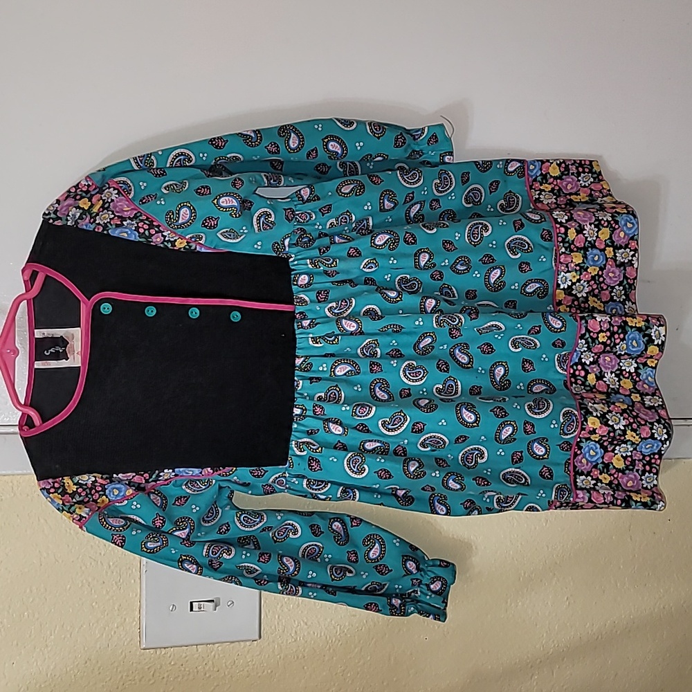 Chuckle Vintage Dress Girls pleated corduroy details floral multicolored 80's